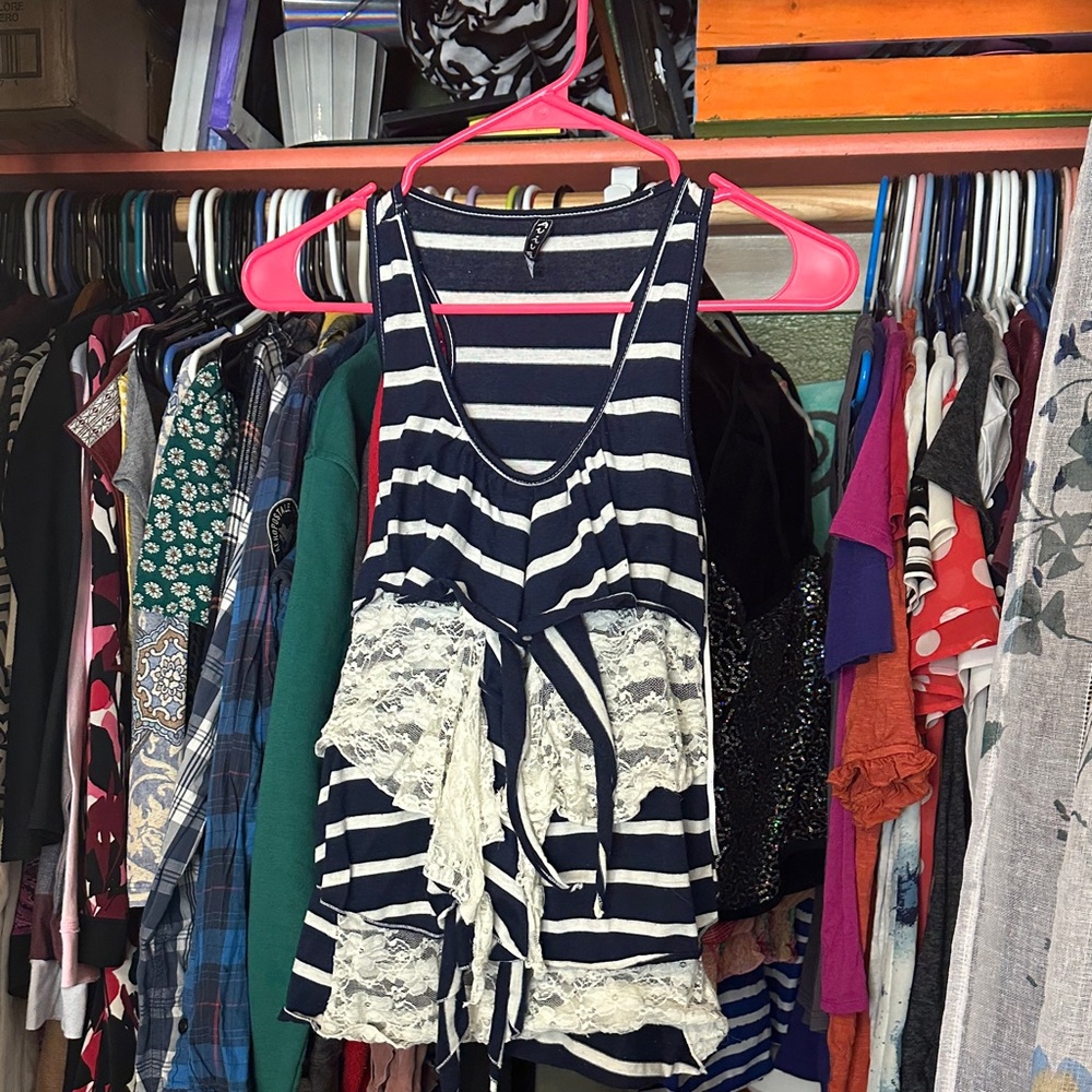 Striped Navy and White Lace-Trim Tank Top